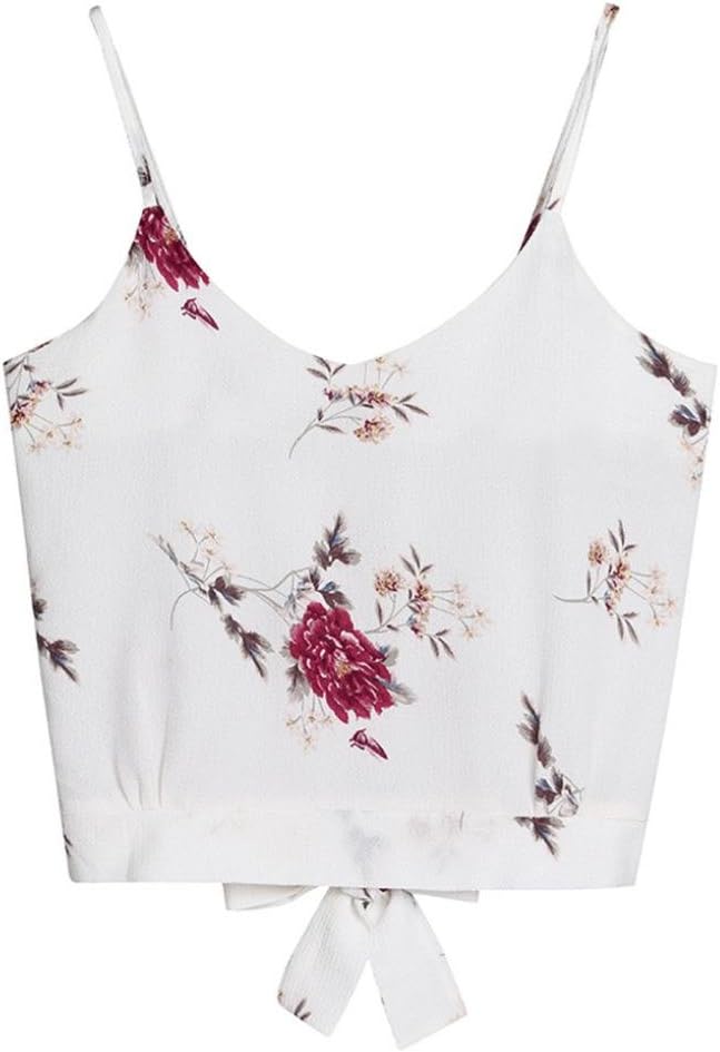 CUCUHAM Women's Self Tie Back V Neck Floral Print Crop Cami Top Camisole Blouse