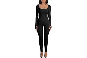 OEAK Womens Ribbed Jumpsuit with Tummy Control Long Sleeve Unitard Casual Yoga Rompers High Waisted One Piece Workout Bodycon