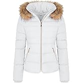 BodiLove Women's Winter Quilted Puffer Short Coat Jacket Plus Size with Removable Faux Fur Hood and Zipper White 1X