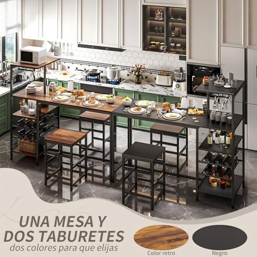 SIMPLE ESPACIO Barra de Cocina,Desayunador Tiene Seis Capas de Espacio de Almacenamiento,Mesa de Bar,Comedor Viene con Dos Sillas,con Estante para Copas Vino,Adecuado para Cocina y Bar(Color Retro)