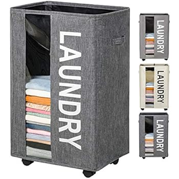 ZERO JET LAG 90L Extra Large Laundry Basket Hamper on Wheels Clear Window Tall Laundry Hamper Handles Collapsible Dirty Clothes Hamper Organizer Rolling Storage Bins Bathroom Bedroom (Dark Grey)