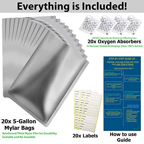 20 Pack 5 Gallon Mylar Bags with Oxygen Absorbers and Labels 10.5 mil