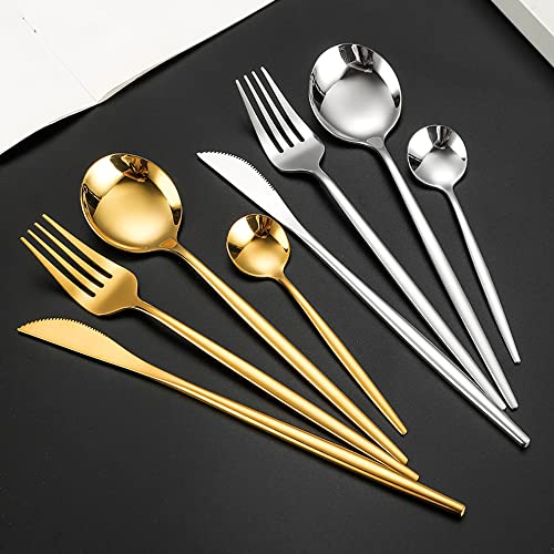 Gosyfeti 24 PCS Tableware Sets Cultery Dinnerware Flatware 410 Food-grade Stainless Steel Dinner Knives, Forks, Spoons, Mini Spoons, 6 Sets (Silver)