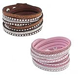 Jwoolw Jewelry 2 PCS Unisex Premium Crystal Rhinestone Multilayer Bangle Bracelet Leather Velvet Lining Wrap Wristband ( Coffee+Pink)