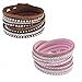 Jwoolw Jewelry 2 PCS Unisex Premium Crystal Rhinestone Multilayer Bangle Bracelet Leather Velvet Lining Wrap Wristband ( Coffee+Pink)