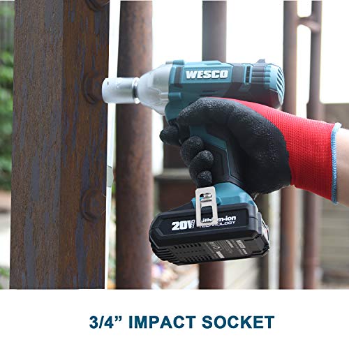 WESCO 20V Cordless Impact Wrench, 1/2-inch, 1602In-lbs Max Torque, 2.0Ah Li-ion Battery with Charger, 3000 Max IPM, 2400 Max RPM, Impact Sockets, Belt Clip for Easy Carrying/WS2905U