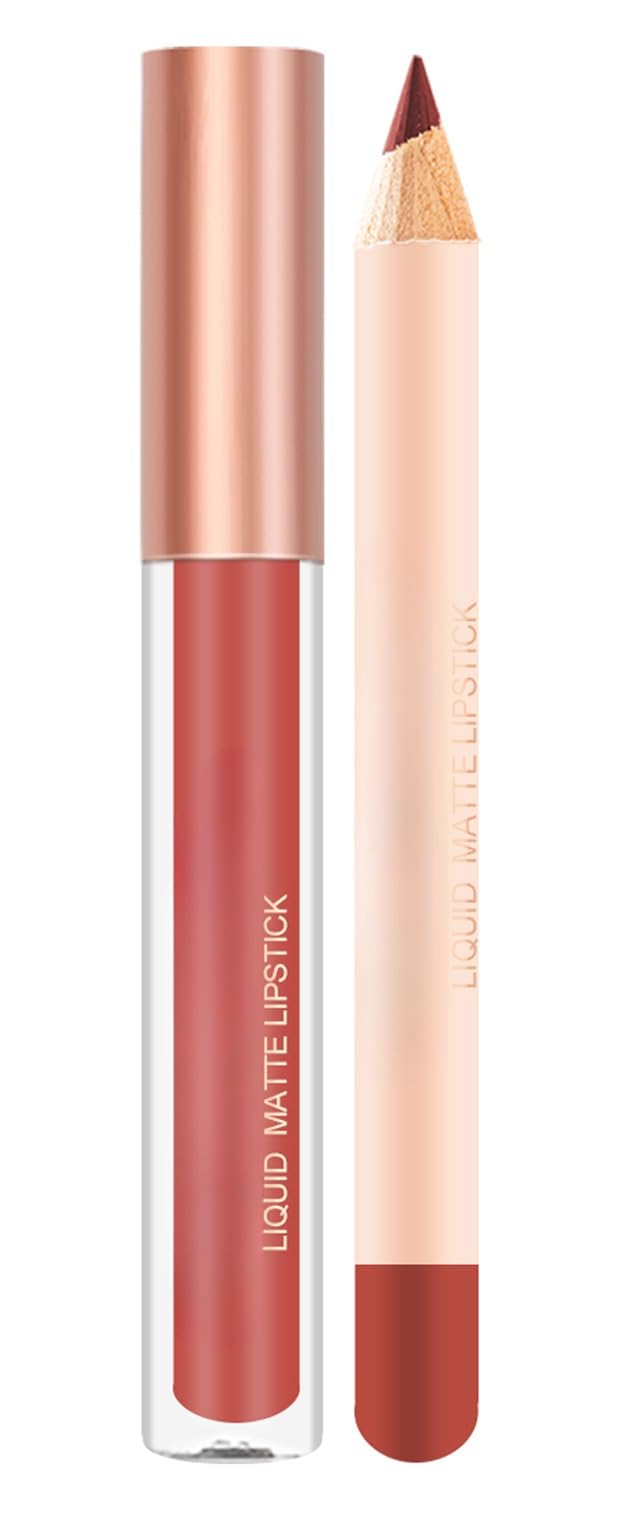 EOGRFW 2Pcs Lip Liner & Lipstick Makeup Set, Matte Liquid, Non-Sticky Long Lasting, Waterproof Lip Stain, Velvety Nude Matte Set (08)