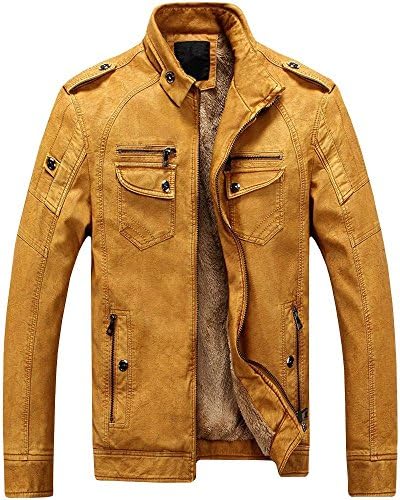 Men's Winter Fleece Stylish Zipper PU Faux Leather Moto Biker Jacket Coat Yellow