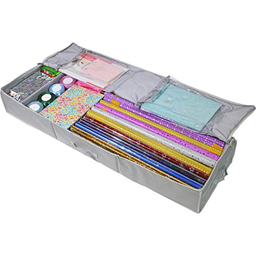 Clorso Under Bed Wrapping Paper Storage Container fits 40 & 42 Inch Gift Wrap Rolls - Gift Wrap Storage Box - Large Wrapping Paper Containers with 2 Large Inner Pockets (Gray)