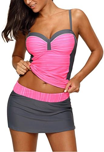 Jarycorn Womens Sweatheart Neck Color Block Tankini Swimsuits With Pantyskirt S-XXXL Rosy X-Large