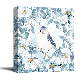 Square Canvas Wall Art - Light Blue Water Color Style Painting of Bird and Flowers - Giclee Print Gallery Wrap Modern Home Art Ready to Hang - 12x12 inches