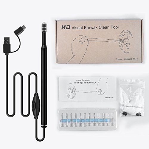 TryAce USB Otoscope Camera, Digital Ear Scope Ear Inspection Camera with 6 LED Lights for Micro USB & USB-C Android Devices, Windows & MAC PC Computer-Black