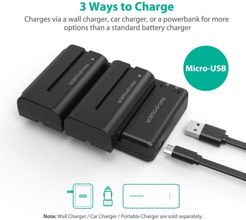 NP-F550 RAVPower Battery Charger for Sony NP F970, F750, F770, F960, F550, F530, F330, F570, CCD-SC55, TR516, TR716, TR818, TR910, TR917 and more (2-Pack Replacement Battery Kit, Dual Slot Charger): Camera & Photo