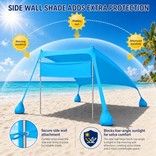 Anti UV UPF50+ Beach Tent 7ft x 7ft Sunshade Portable Canopy with 2 Pcs Aluminum Poles 4 Sand Bag Anchors Outdoor Shelter for Beach, Camping or Picnic, Blue
