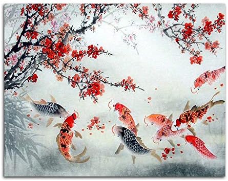 Giunuak Lucky Koi Plum Red Flower Modular Digital Oil Painting Colors By Number On Canvas For Living Room Wall Art