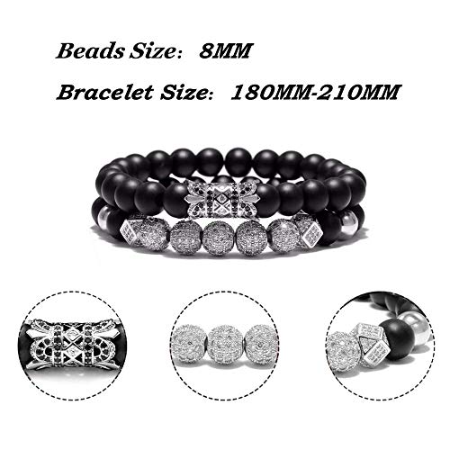 SEVENSTONE 2PCS Black Matte Onyx Prayer Beads Bracelet for Men Women Elastic Natural Stone Black 8MM