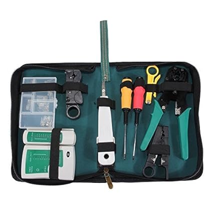 Techtest Non Slip RJ45 Portable LAN Network Repair Tool Kit Plier Crimp Computer Maintenance Multitool (10.5 x 6 x 2 Inches,Green)- 9 Pieces/Set