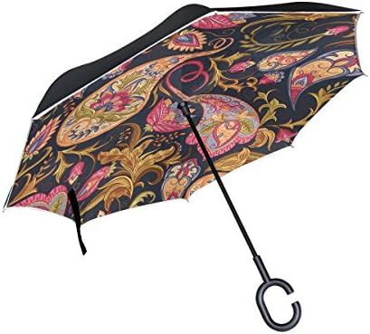 OREZI Large Inverted Umbrella Reverse Folding Umbrella Double Layer With C-Shaped Handle,Self Standing Umbrella for Car and Outdoor Rain Indian Paisley Umbrella for Women and Men