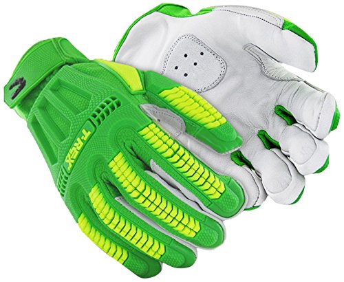 Hi-Viz Cut Resistant Leather Impact Work Gloves | Cut Level A6 Safety Gloves for Oil and Gas Rigging and Refining, Iron Work (TRX743-L) - Green/Yellow, Size Large (1 Pair)