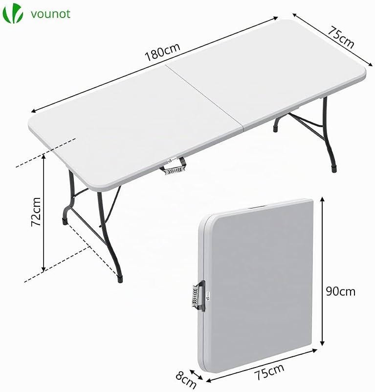 Gartentisch Klapptisch 180x75 cm, Campingtisch Buffettisch Klappbar mit Tragegriff für Garten, Terrasse und Balkon, Weiß