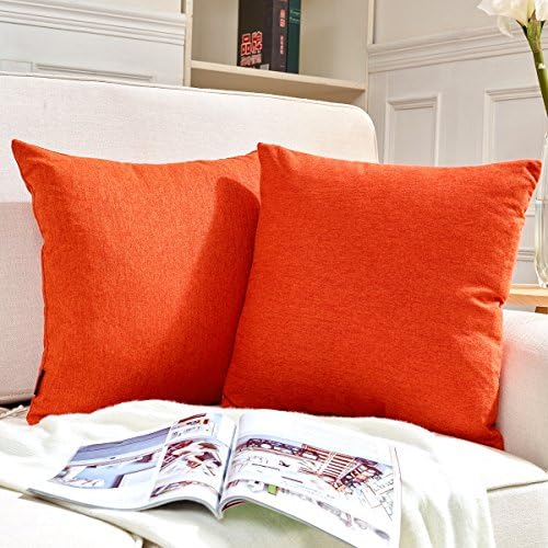 Hey Tang Pack of 2, Cotton Linen Soft Soild Decorative Square Throw Pillow Covers Set Cushion Case for Sofa Bedroom Car 20 x 20 Inch 50 x 50 Cm,Orange