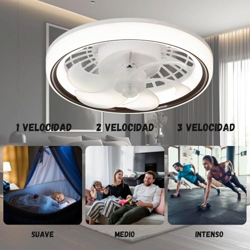 Megaluz LV34W13 Ventilador de techo con luz led y control remoto, 13”, luz blanca fría, neutra y cálida, 6 aspas desmontables, Abanico de techo enchufe E27, 4 velocidades y motor silencioso (Blanco).