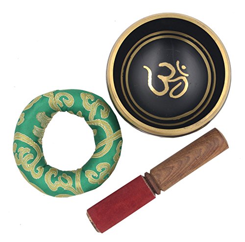 DharmaObjects Relaxing Yoga Meditation Om Peace Singing Bowl / Silk Cushion / Rosewood Mallet Set (Medium, Black)