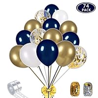 Navy Blue and Gold Confetti Balloons Party Decoration Supplies 70pcs 12 inch Gold Metallic Pearl White Balloons for Navy Party, Baby Shower, Wedding, Graduation, Bachelorette, Birthday Decorations, with 2 Balloon Strips, 2 Foil Ribbon