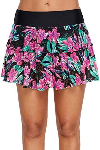 Womens Summer Sexy Swim Skirt Lace Floral Skirtini Bikini Bottom Swimskirt, Ladies 2019 Flower Printed Mesh Swim Dress Layered Swim Skirted Bikini Bottoms with Attached Brief