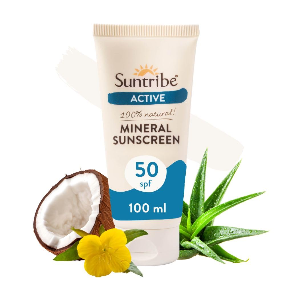 Suntribe Active Natural Mineral Sunscreen SPF 50-100 ml, Organic - 100% Natural & Reef Safe, Non-Nano Mineral UV-Filters, Very Water Resistant, Sweat Resistant - White Shimmer