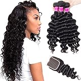 RECOOL 10A Brazilian Hair Loose Deep Wave Bundles with Closure Virgin Human Hair Bundles and Closure Ocean Wave Natural Color Real Good Quality Hair(20 22 24+18)