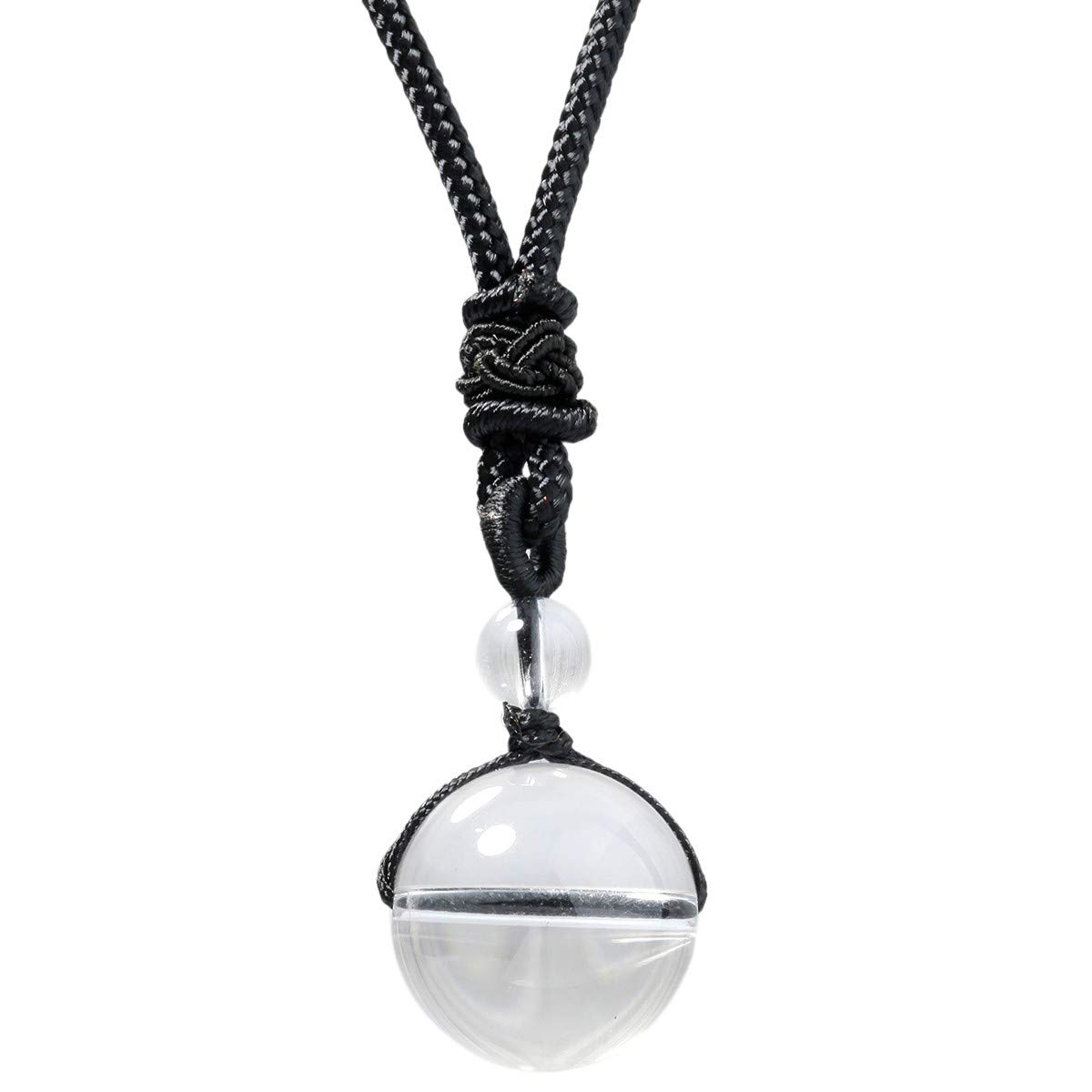 mookaitedecor Natural White Clear Quartz Healing Crystal Bead Pendant Necklace for Men Women, Round Stone Necklace Reiki Chakra Crystal Jewellery Gift Semi Precious Stone Necklace with Black Cord