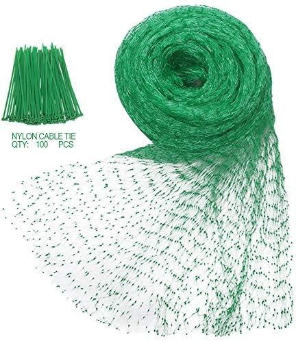 Jxunter Anti-Bird Netting 33Ft x 13Ft Nylon Woven with 100Pcs Nylon Cable Ties Garden Farm Plants Fencing Mesh Fruits Protector Durable Fish Ponds Cover Green