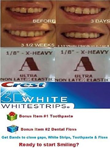 ORTHODONTIC ELASTIC GAP TEETH BANDS SIZE 1/8 EXTRA HEAVY * MAX PULL * - 2 PACKS 200 BANDS - WITH WHITE STRIPS TOOTHPASTE &amp; DENTAL FLOSS. INTERNATIONAL SHIP by GAPFIX
