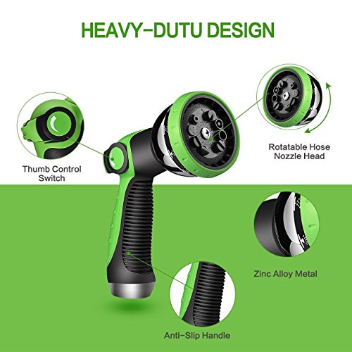VicTsing Garden Hose Nozzle, Metal Hand Sprayer, No-Squeeze Sprayer with 10 Watering Patterns, Thumb Control, 10 Extra Rubber Washers Are Included, Great for Car, Garden