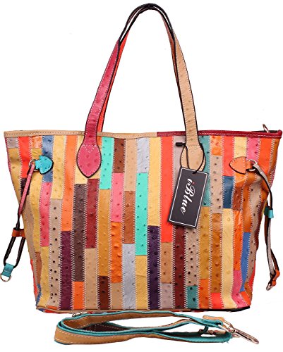 Iblue Womens Handbag Multicolor Ostrich Grain Tote Genuine Leather Shoulder Bag 17in #226
