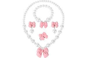 BAOBAOJOY Princess Jewelry for Little Girls, Handmade Bow Pearl Kids Jewelry Set, Stretch Necklace Bracelets Rings and Clip on Earrings, Perfect for Dress Up, Birthday Parties, and Costume Play