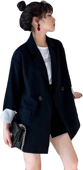 Amazon Aozuoスーツジャケット レディース 黒 薄手 レディースコート ゆる カジュアル ショート スーツコート 秋 春 フォーマル ビジネス 無地 シンプル 体型カバー 着やせ かわいい 原宿風 コート ジャケット 通販