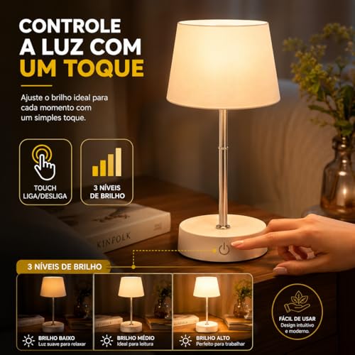 Luminária de Mesa LED Recarregável USB Touch 3 Níveis de Luz Dimerizável Sem Fio Abajur Portátil Retrátil para Quarto, Cabeceira, Estudo e Escritório