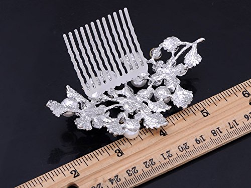 Alilang Silvery Tone Rhinestone Flowers and Leaves Cluster Fashion Hair Comb