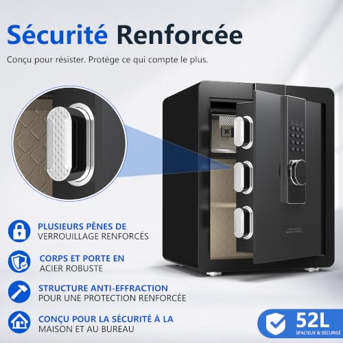 22KG Lourd Coffre Fort en Acier, 52L Coffre-fort Électronique avec Digitale Code et Clé, pour Maison et Bureau, Idéal pour Bijoux, Argent et Documents A4, Notice en Français (Noir,52L)