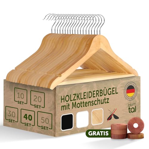 Blumtal Kleiderbügel Holz 40er Set - Holzbügel mit 360° drehbarem Metallhaken - Bügel aus robustem Holz mit Zedernholz Mottenschutz - Holzkleiderbügel