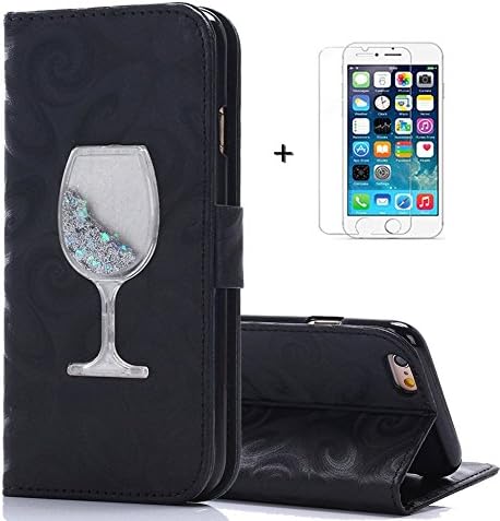 Iphone 7 Plus Wallet,Bling Shiny Flowing Liquid Quicksand 3D Wine Cup Pu Leather Wallet Case with Kickstand Card Holder and Free Screen Protector for Iphone 7 Plus 5.5 Inch (Black)