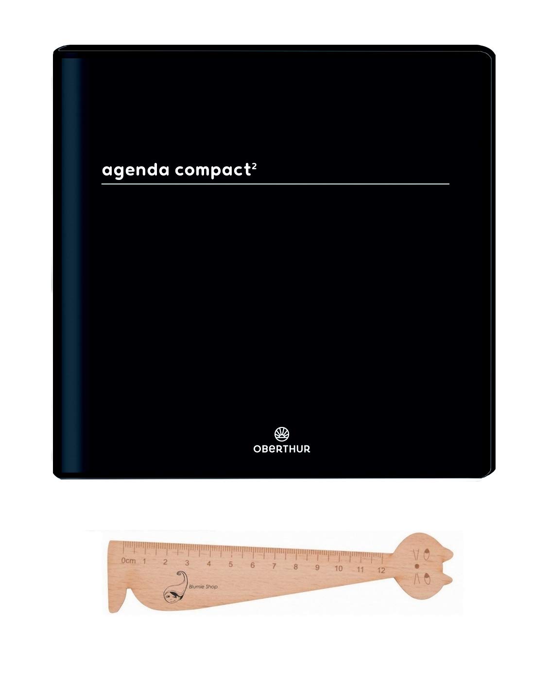 Lot Agenda Compact Boreal 2018-2019 d'Oberthur 1 Jour par page Noir + 1 Règle Marque-Page en Bois Blumie