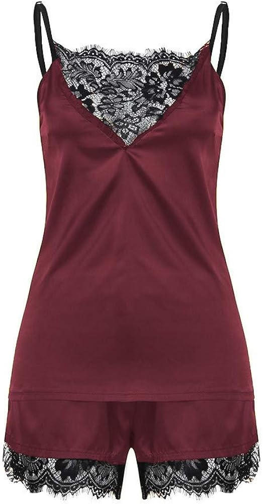 ZEFOTIM Pajamas Set, Women Sleepwear Sleeveless Strap Nightwear Lace Trim Satin Cami Top Pajama Sets at  Women’s Clothing store