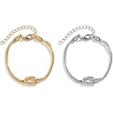 Matching Bracelets for Couples,Dainty Gold Love Knot Bracelet 14K Gold Plated Herringbone Chain Bracelet Relationship Jewelry Gifts for Best Friend