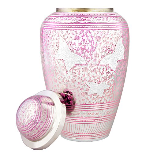 Cremation Urn for Human Ashes Adult - Brass Funeral Urn for Women - Metal Hand Engraved Silver Butterfly Large Urn for Adults - Display Burial At Home or in Niche at Columbarium ( Pink Butterflies