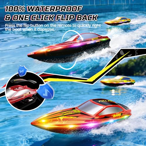 DEERC 2-Pack Fast RC Boats for Kids, Dual-Style Racing Set with LED Lights, 20 KPH High-Speed Remote Control Boats, 4×1200mAh Batteries, Waterproof Toy for Lakes & Pools