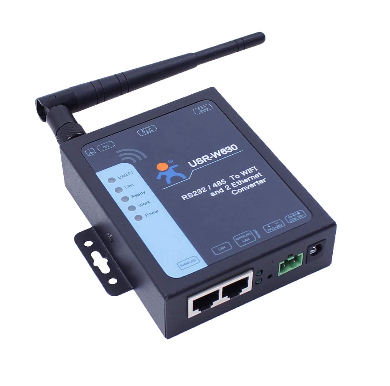 USR-W630 Industrial Serial to WiFi and Ethernet Converter. Supports 2 Ethernet Ports, Modbus RTU-DC Adapter and Terminal Power Supply 5-36V