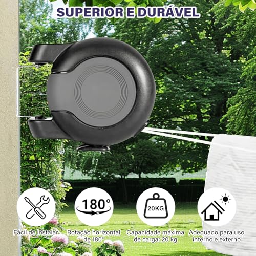 Varal Retrátil de Parede Recolhível com Corda 30m e Kit Instalação – Suporta até 30 kg de Roupas,para Varanda de Apartamento e Espaços Pequenos,Trailers e Camping Etc